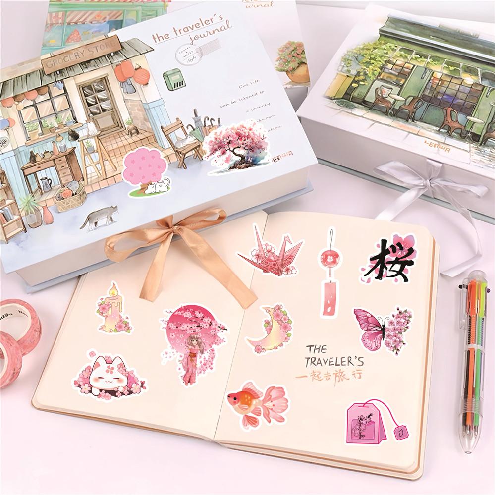 100Pcs/Set Romantic Sakura & Q Pets . Pink Healing Art Stickers DIY Scrapbooks Album Decor Decals Stickers