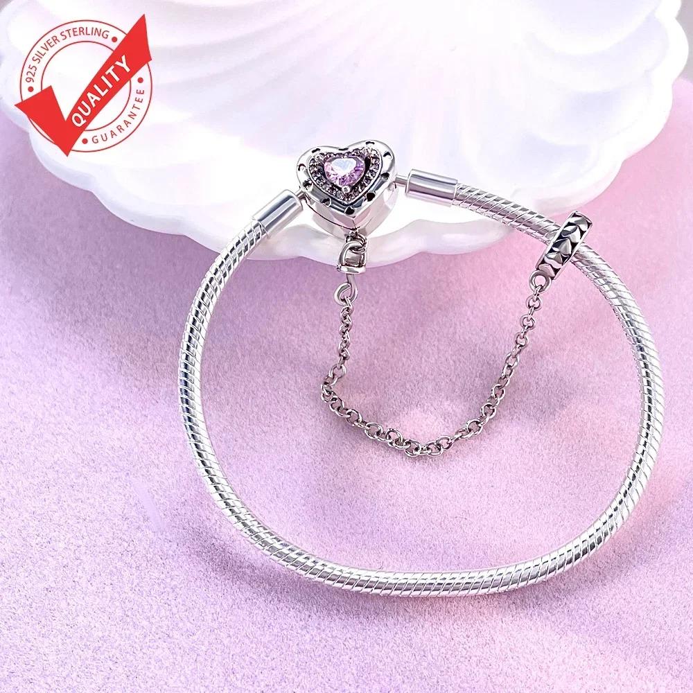 925 Silver Pink Heart Bracelet Shiny Zircon Fit Charms Silver 925 Bracelet DIY Jewelry Making Fine Gifts for Women