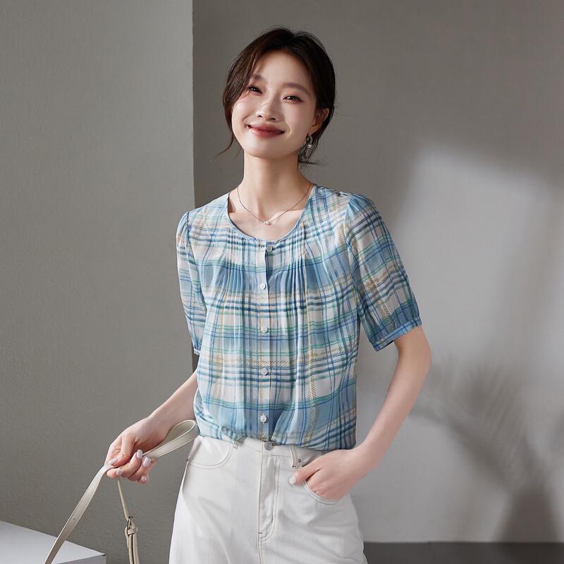 SOFSIL Women s 2026 Summer Silk Plaid Button-Up Shirt L