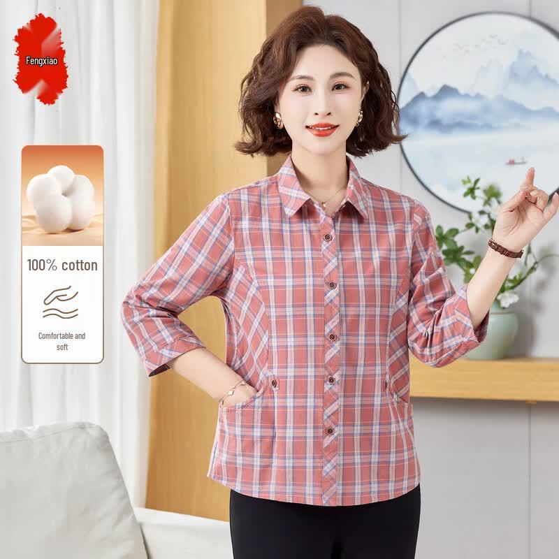 Women s Plaid Cotton Nine-Quarter Sleeve Shirt 5XL