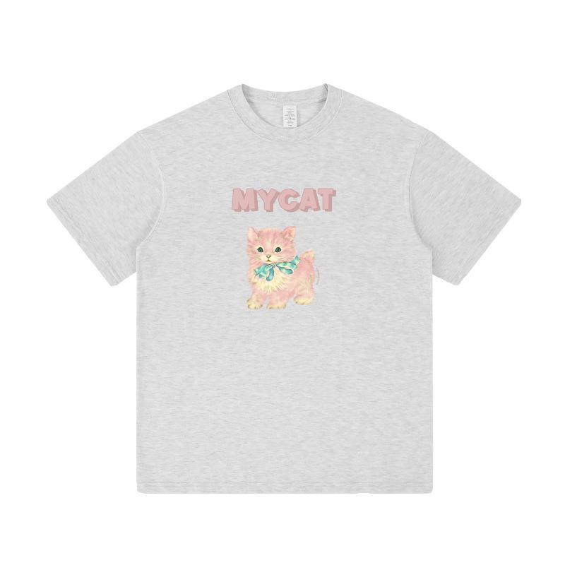 Pearl Pink Kitten Print Loose Round Neck Women's Short Sleeve T-Shirt