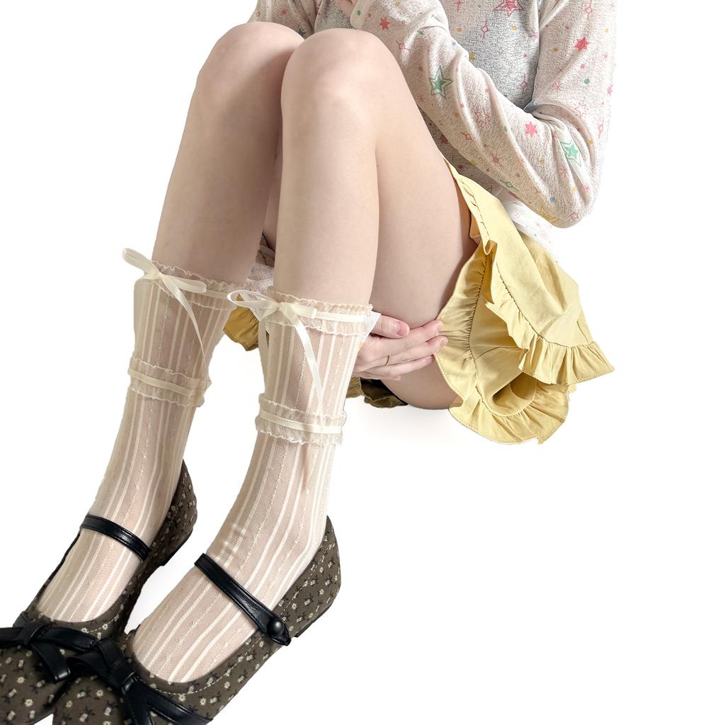 Japanese Spring Summer Lace Bow Women Socks Solid Color Breathable Stockings Sweet Ballet Style Lolita Girls Middle Tube Socks