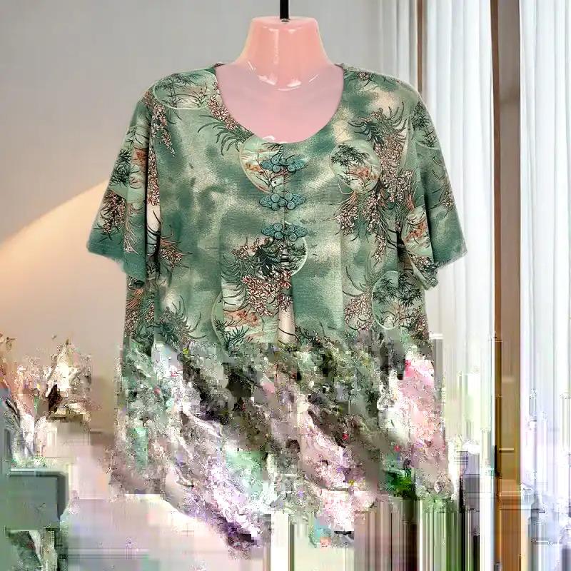 Middle-aged and Elderly Women s New Chinese Style Summer Tops Short-sleeved Loose National Style Buckle 3XL зелёный