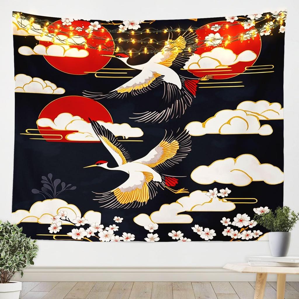 Japanese Crane Tapestry, Black Background with Red Sun, White Clouds and Sakura Print Wall Hanging for Bedroom,Living Room Decor