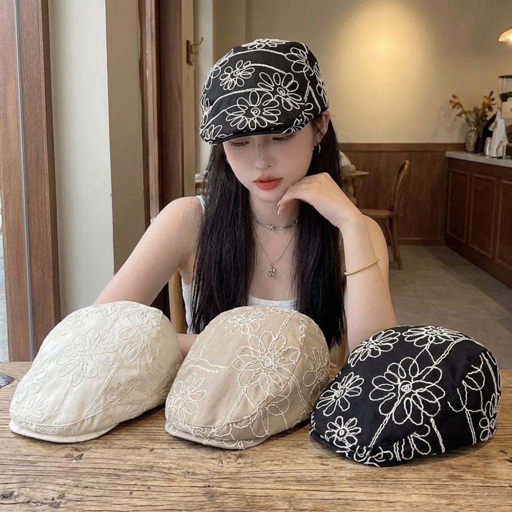 Fashion Retro Forward Cap Casual Versatile Korean Style Beret Flower Embroidery Sweet Spicy British Hat For Lady Girl