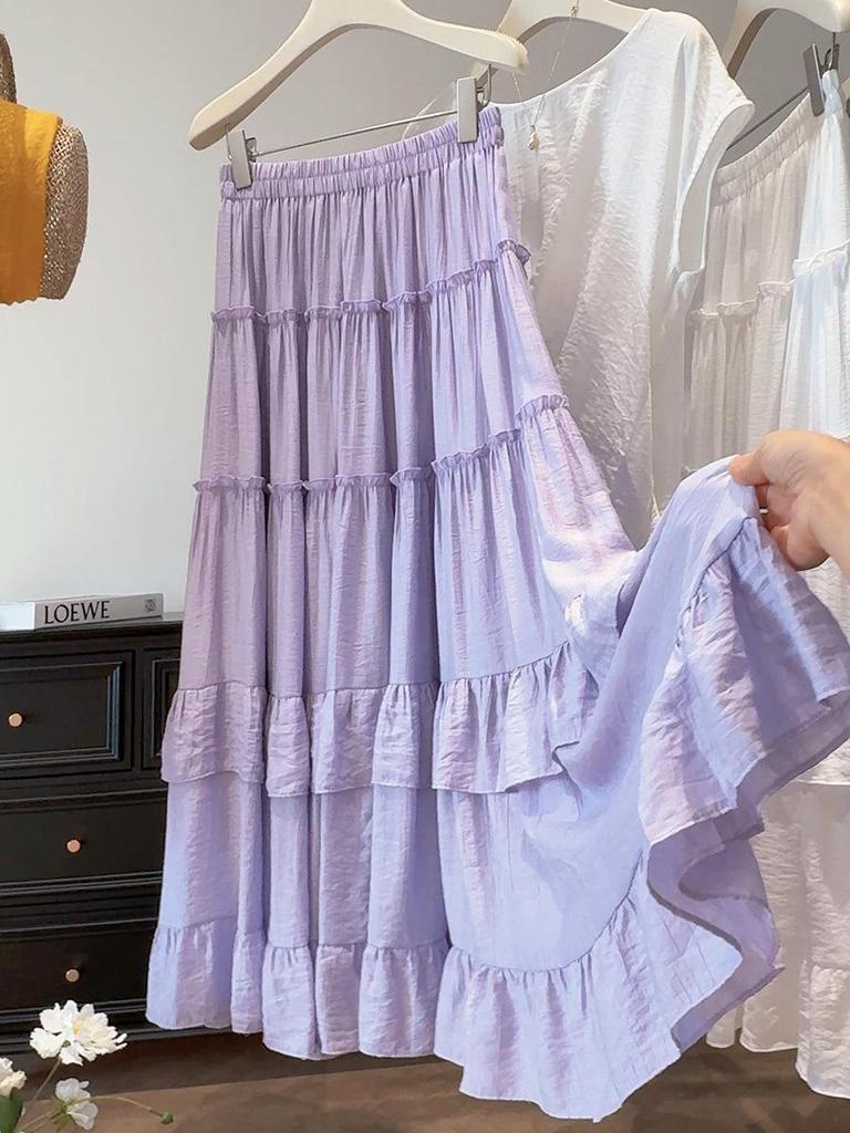 Women's High-Waist Ruffle Patchwork Skirt: Solid Color, Layered Long Hem for Spring/Summer 2026
