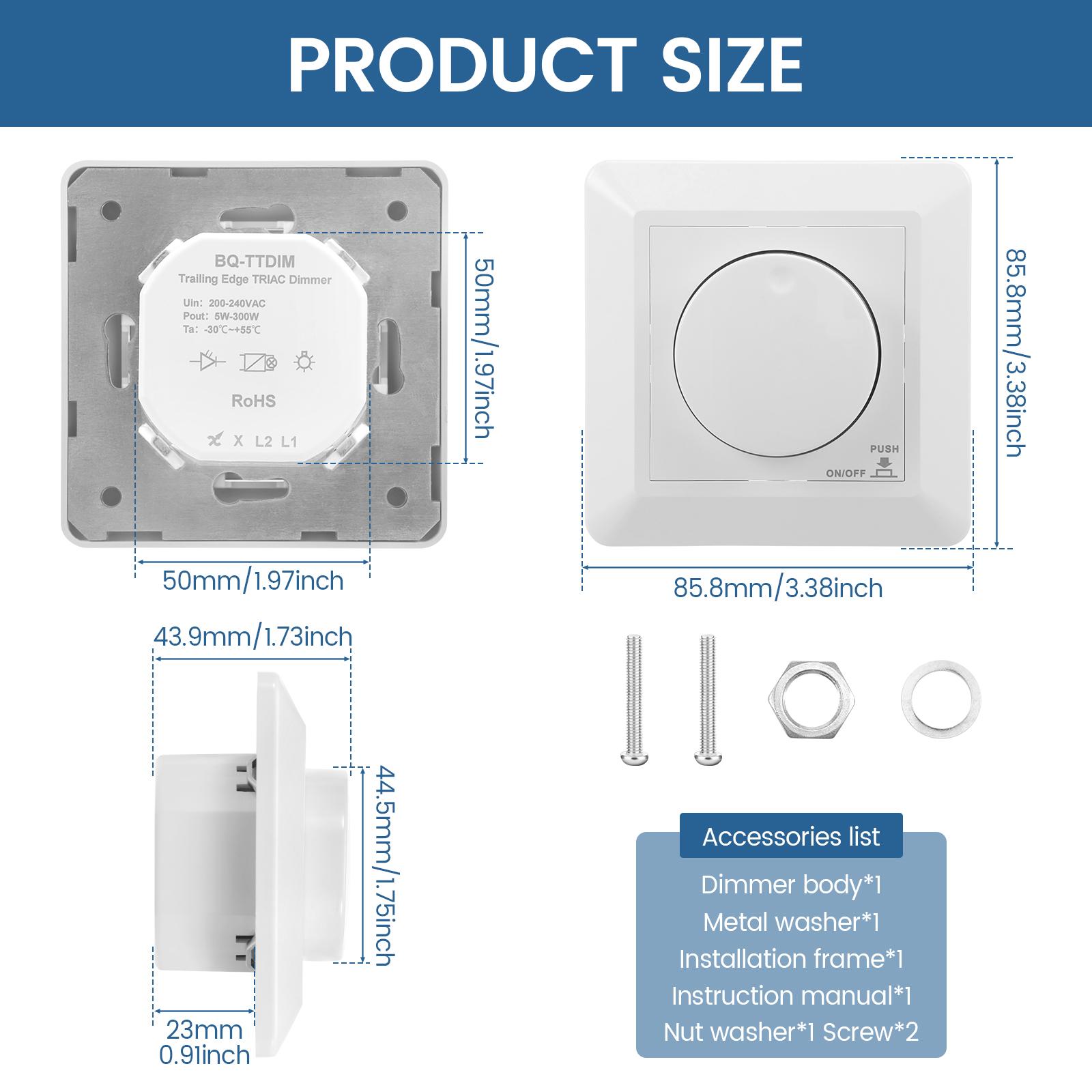 

Rotary Dimmer Switch for 5-300W Dimmable LED, CFL and Incandescent Light Bulbs Flush-Mounted Light Switch with White Cover Plate 220V