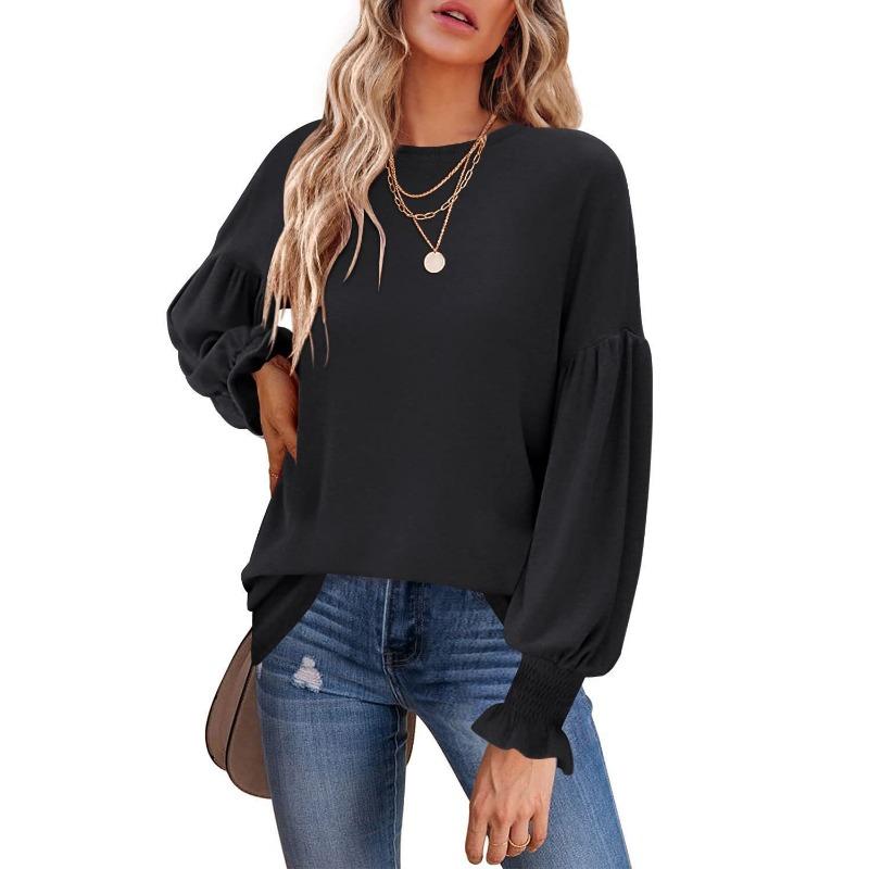 Women's Plus Size Tops Autumn Round Neck Ruffled Lantern Sleeve Pullovers
