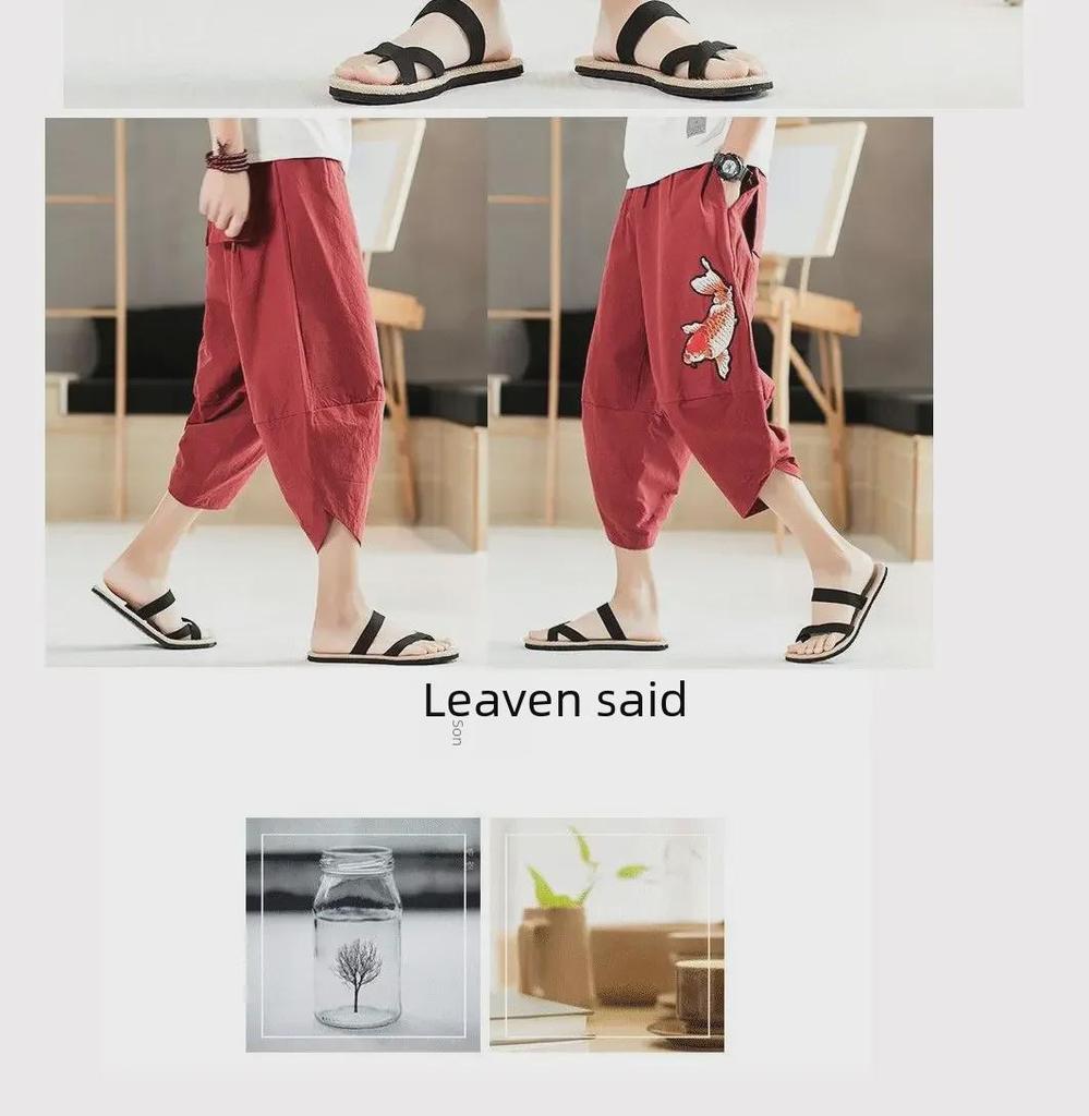 Herren Sommer Leinen Cropped Hose: Weitbeinige, lockere, trendige Harem-Strandshorts, lässiger chinesischer Stil.