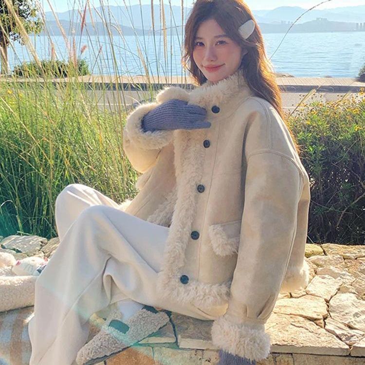 Korean Style Yellow Fur Coat: Women's Soft Petite Leather & Fur Cotton Winter Jacket