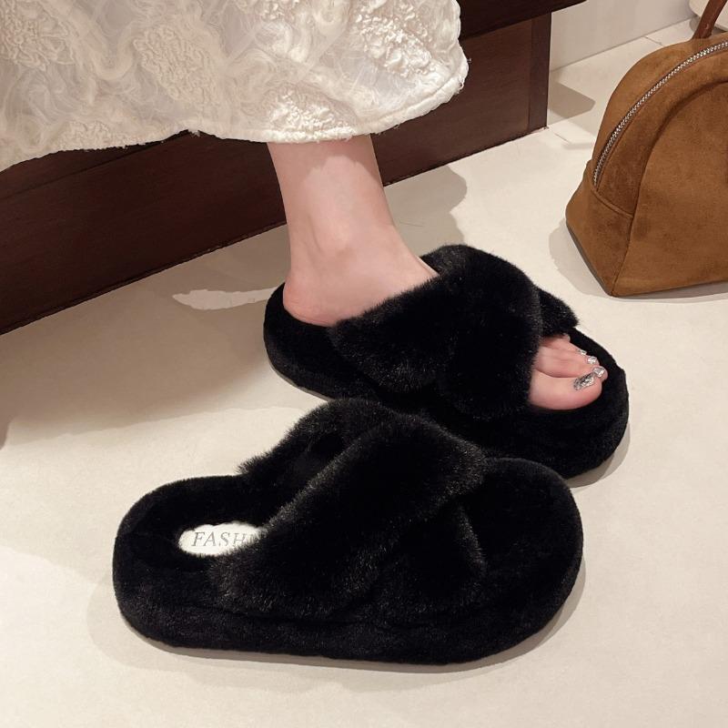 Cross-strapped fluffy slippers for women to wear outside autumn and winter new thick-soled heightened plush cotton slippers