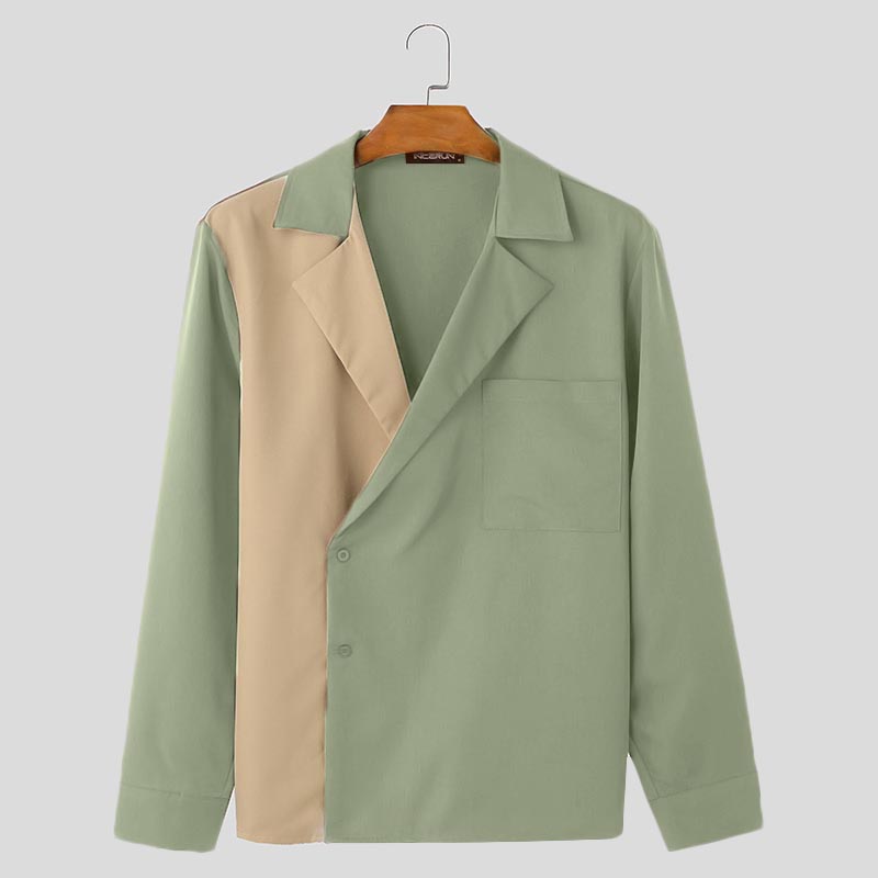 

INCERUN Мужские повседневные рубашки с отложным воротником, длинным рукавом, косой планкой, пуговицами и строчкой XL зелёный