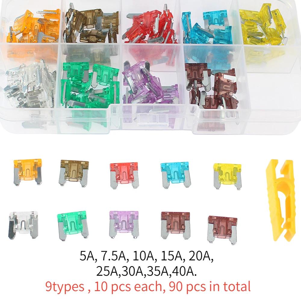 

90 шт./коробка Мини-предохранители Автомобильные Автомобильные Грузовые Ассортимент Набор Предохранителей 40A 5A 7.5A 10A 15A 20A 25A 30A 35A фиолетовый