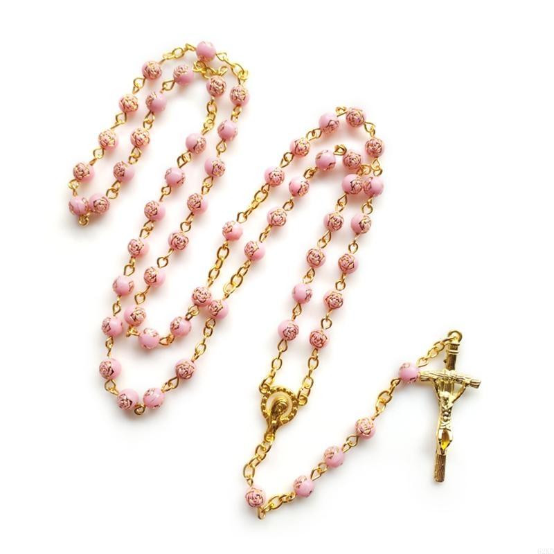 62KD 6mm Rose Beads Rosary Necklace with Jesus Crucifix for Cross Pendant Necklace Pr