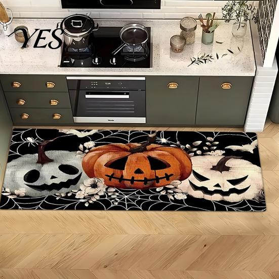 Halloween Themed Floor Rug Kitchen Rug, Pumpkin Bat Black Cat Non-slip Mat, Slip-resistant Mat Spooky Entrance Festive Decorative for Bedroom