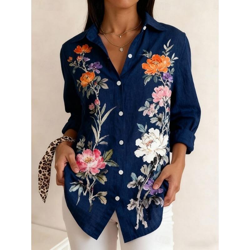 Fashionable Women's Floral Print Long-Sleeve Shirt Loose Fit Comfortable Breathable Long-Sleeve Shirt Casual Everyday Shirt