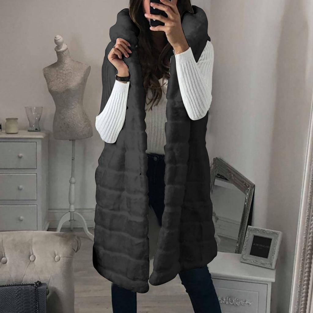 Dámská móda Plyšová vesta bez rukávů Mikina s kapucí z umělé kožešiny Top kabát Outwear