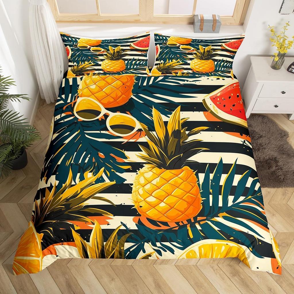 Pineapple Duvet Cover Tropical Palm Tree Leaves Bedding Set Microfiber Botanical Flower Comforter Cover Twin King For Girls Teen