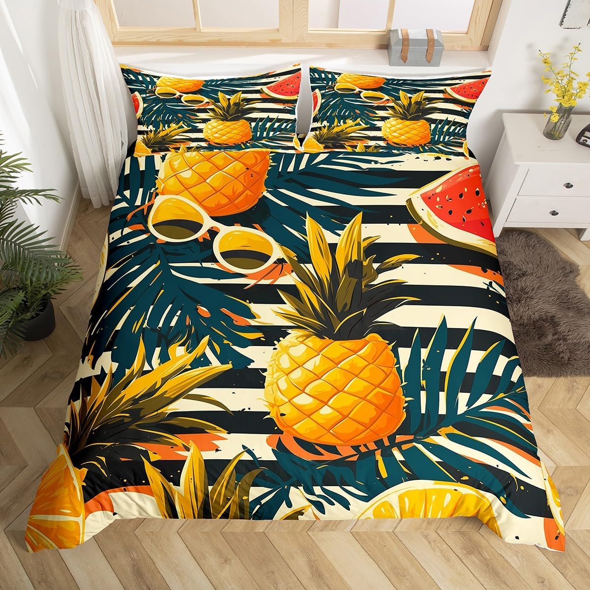 

Comforter Pineapple Tropical Palm Tree Leaves Bedding Set Microfiber Botanical Flower Comforter Twin King For Girls Teen Comforter (quilt)-EU Single(135*200cm)3pcs
