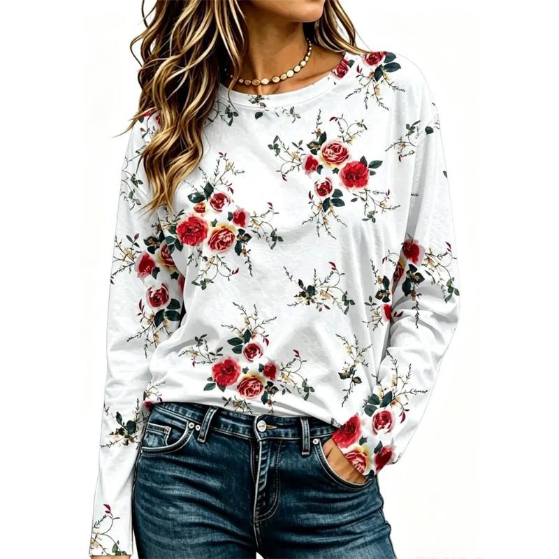 Fashion Women's Crew Neck Long Sleeve 3D Casual Color Printing Casual Long Sleeve Crew Neck T-Shirt