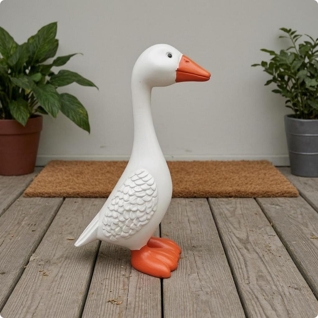 Resin Goose Figurine FeatherTextured White Statue Orange Beak