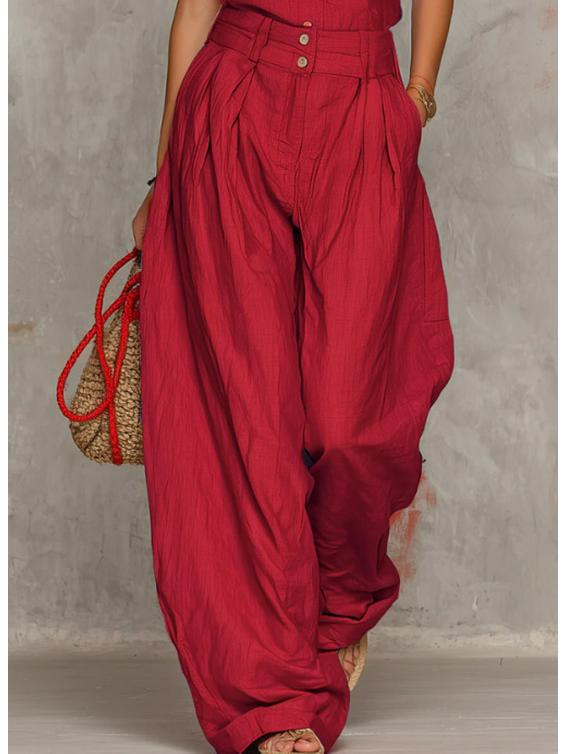 2026 Retro Solid V-neck Short-sleeve Top & Wide-leg Pants Set for Spring/Autumn