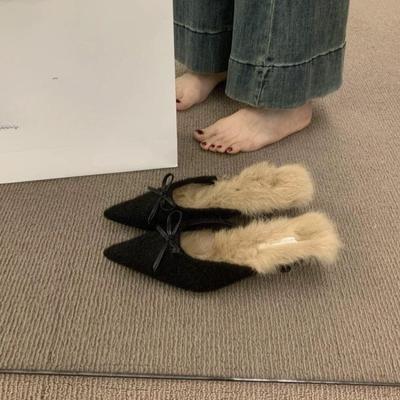 Modische Temperament Plüsch Baotou Halbschuhe Fauler Ein-Fuß-Slip-on Spitze Zehen Plus Flausch Fellschuhe für Damen Winterbekleidung