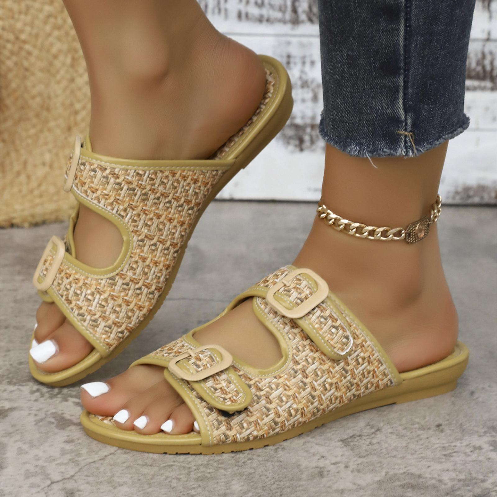 Casual hemp rope double buckle fashionable color blocked beach sandals 36
