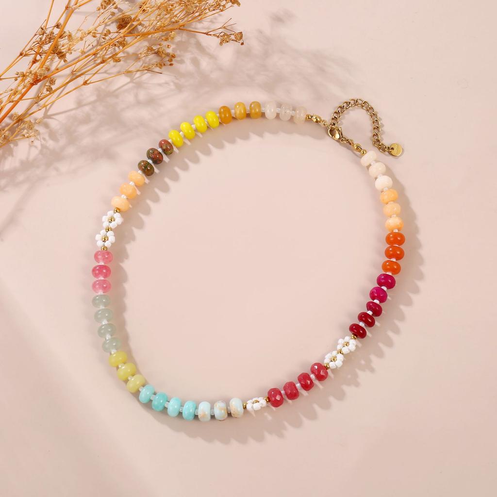 Women Colorful Natural Stone Handmade Beaded Flower Clavicle Necklace Beach Jewelry