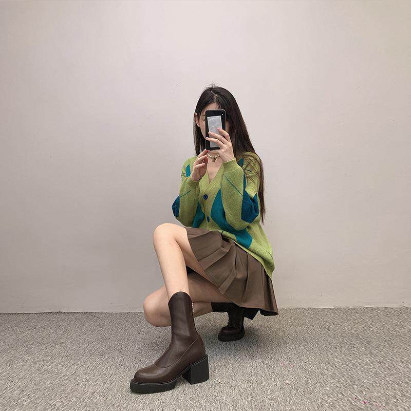 Boots Women's Autumn and Winter 2024 New Black High Heel Short Boots Women's Spring and Autumn Single Boots Thick Heel Skinny Boots ins Martin Boots