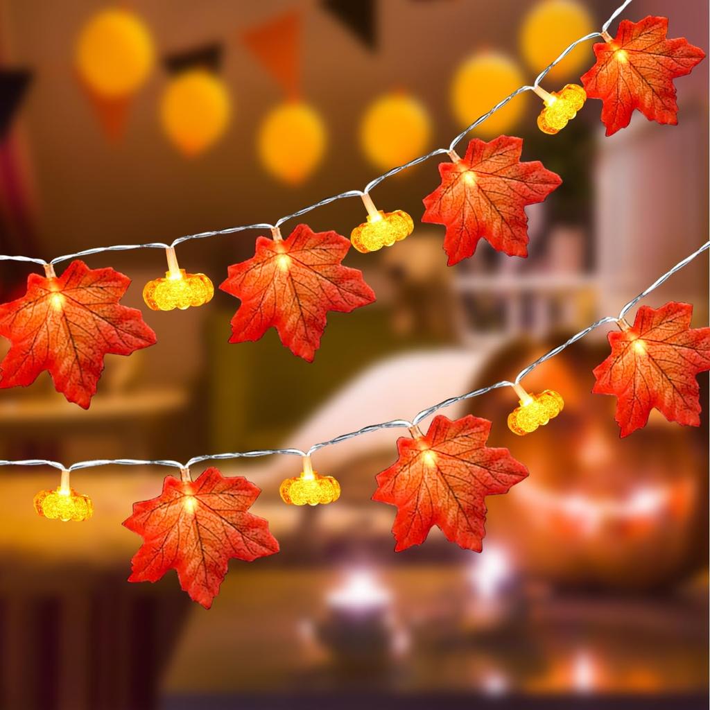 Warm Light 3D Pumpkin Maple Leaves String Decorative Lamp Powered Home Thanksgiving Autumn Indoor Festival Holiday Decor