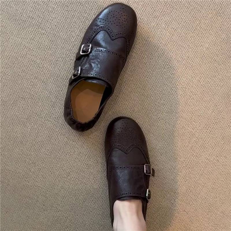 

Cowhide version~ Retro Brock engraved one-pedal loafers versatile commuter flat shoes British small leather shoes 39 коричневий