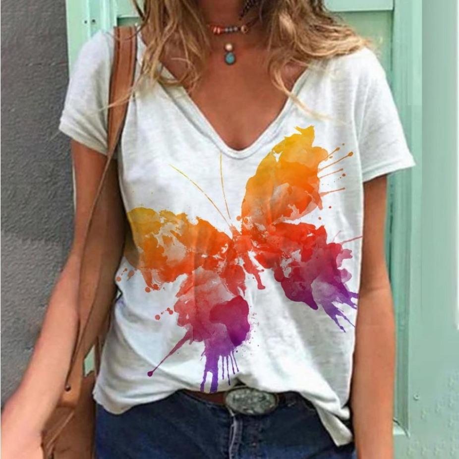 Summer Butterfly Floral T-Shirts 3D Print Women Fashion V-Neck Short Sleeve T Shirt Y2K Casual Tees Harajuku Top Female Clothing
