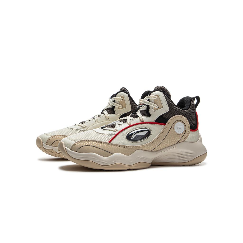 Li Ning Kids Fashion Sports Simple Versatile Mid-Top Basketball Shoes Kids Sneakers White Khaki YKBV042-7