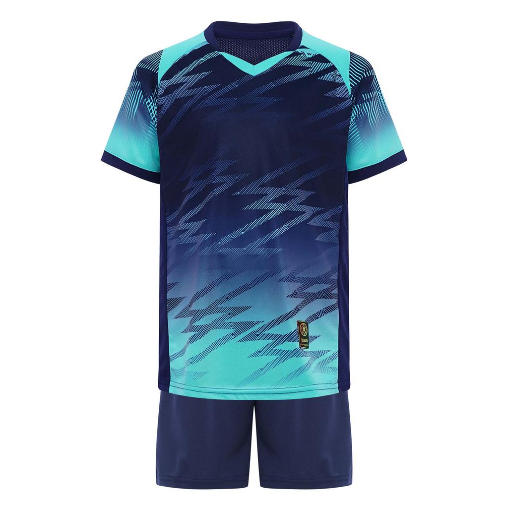 Children‘s Football Training Outfit V-Neck Short Sleeve Patterned T-Shirt and Elastic Waistband Drawstring Shorts for Athletic Practice