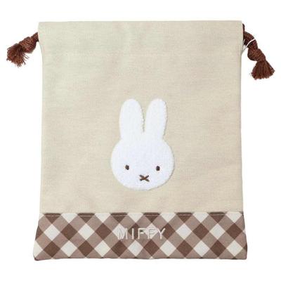 Marimo Craft Miffy Diagonal Check Series Drawstring BagCharacter Storage Bag, Cute Gift, Beige, Approx. W170 X H200mm (DBM-3126)