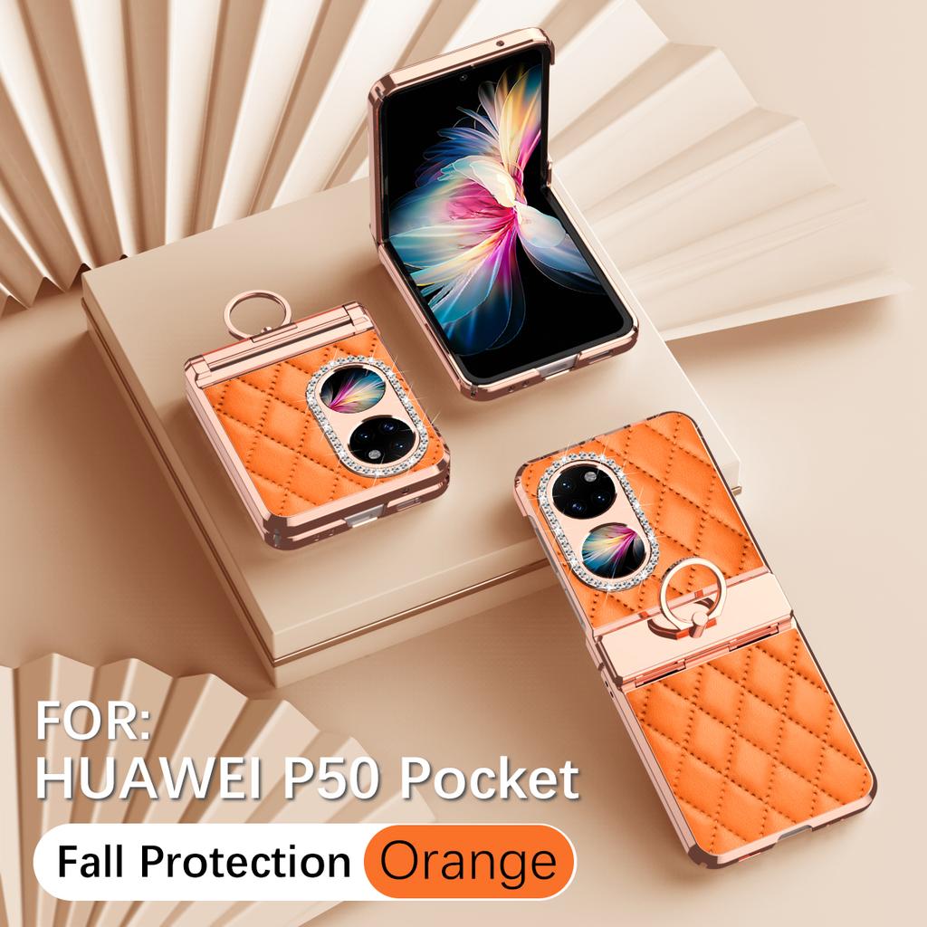 Luxury Fashion Diamonds Leather Plating Ring Holder Phone Case For Huawei P50 Pocket Hinge Full Protection Case Cover