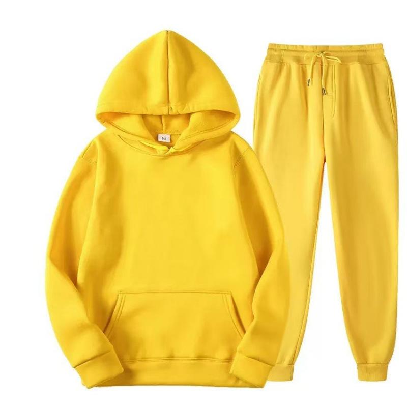 Fleece Hooded Set Fashion Casual Solid Color Sweatshirt Sweater Men's Two-piece Set