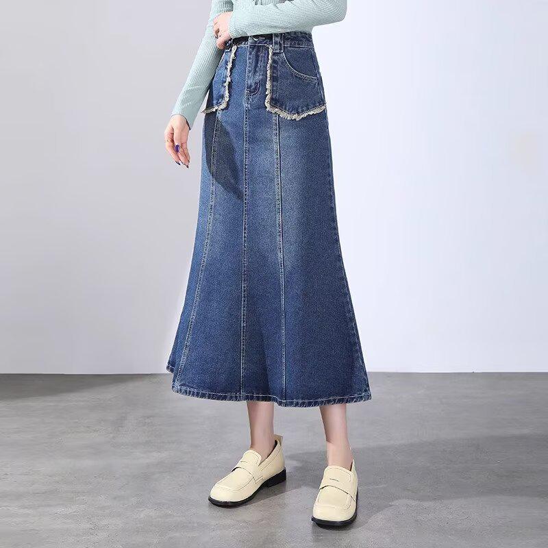High Waist Tassel Raw Edge Denim A-Line Midi Skirt - Spring 2025 Collection