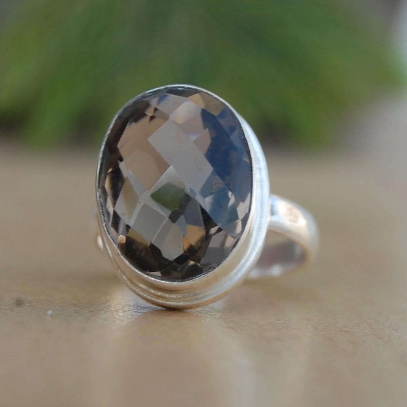 

Oval Rose Cut Smoky Quartz 925 Sterling Silver Ring Jewelry, Handmade Brown Smoky Statment Gift Ring 10 срібний