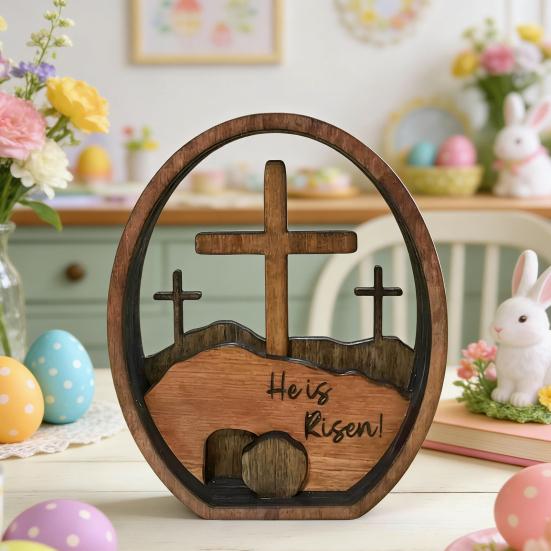 He Is Risen Easter Decoration Farmhouse Rustic Wooden Resurrected Tomb Table Sign Home Office Easter Party Desktop Ornament