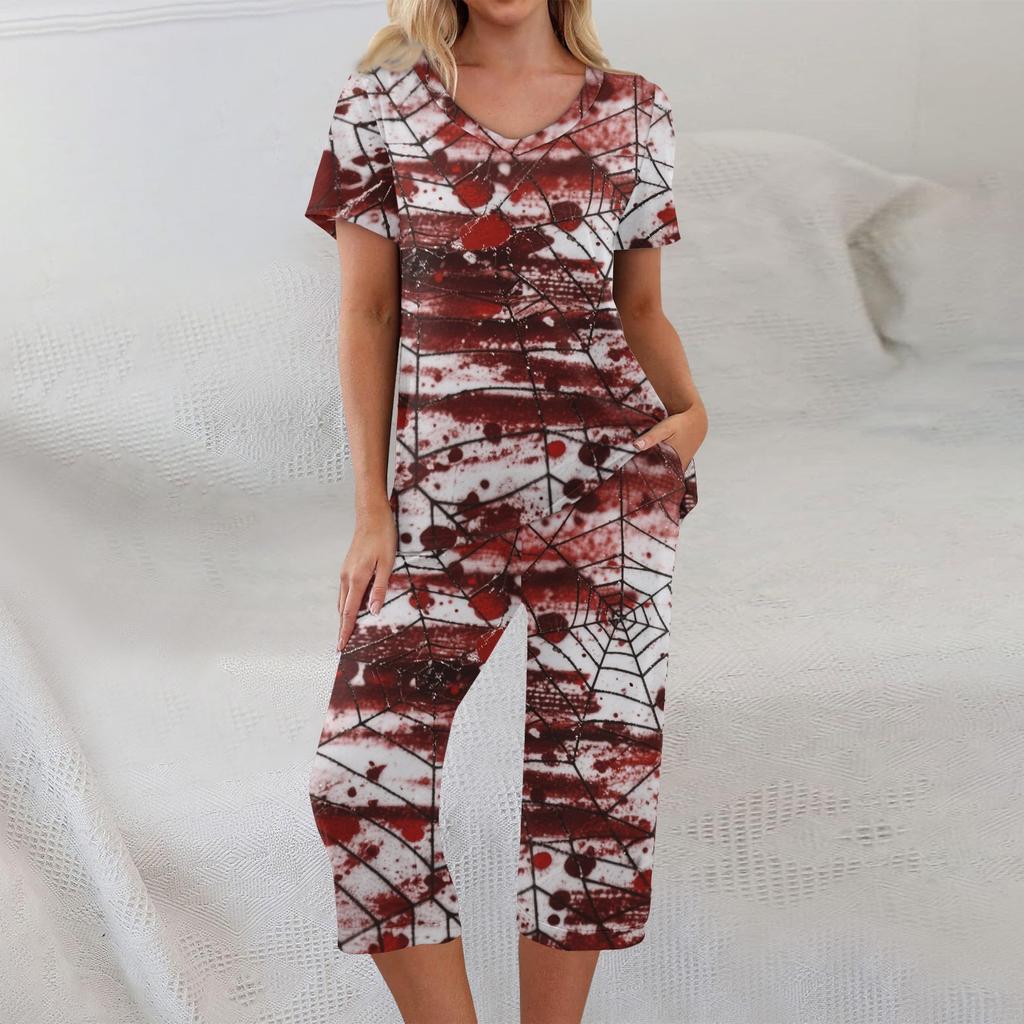 2 Piece Sets For Women Short Sleeve Top And Pants With Pockets Workout Soft Halloween Print Sets