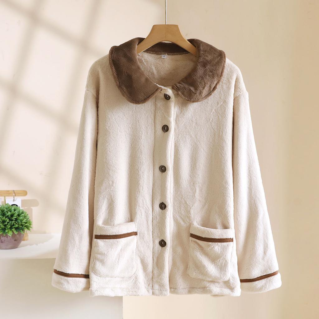 Women's Color Blocked Fashionable Long Sleeved Pocket Cardigan Flannel Warm Sleepwear Jacket