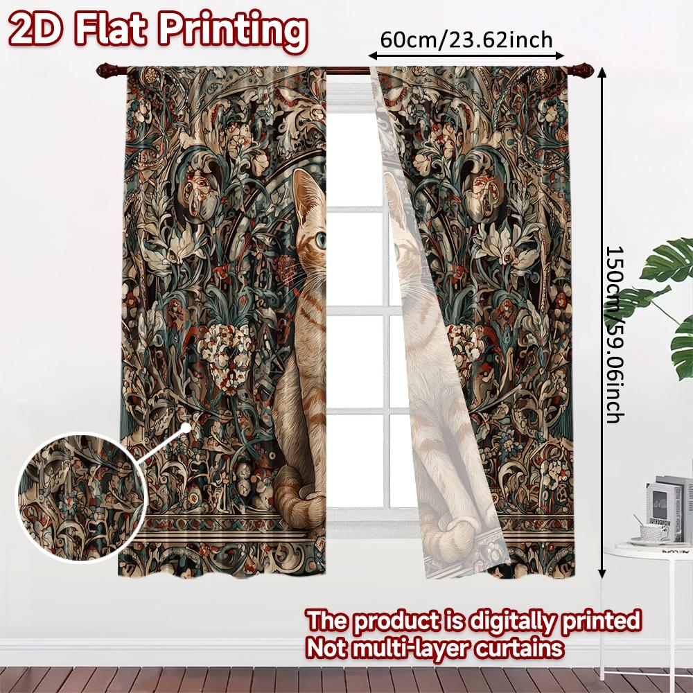 2pcs, 2D FLAT PRINTING Curtains (Without Rod) Mystic Cat Mandala Minimalist Holiday Curtains Versatile Fabric Curtains Art Deco