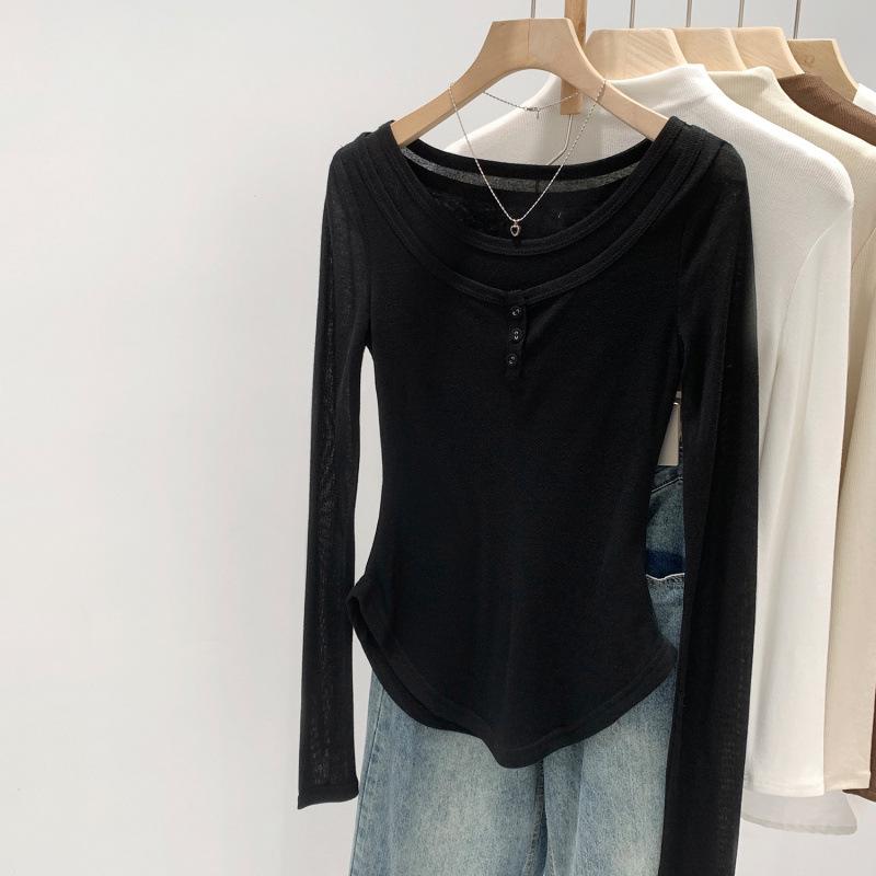 

Korean Simple Versatile U-neck Button-up Sheer Slim Fit Long Sleeve Base Layer Top M чорний