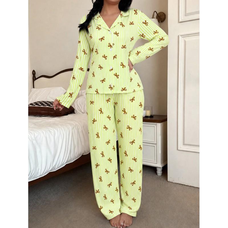 Womens Milk Silk Long Sleeve Cardigan Pajama Set With Collar Striped Bow Detail Winter Home Wear