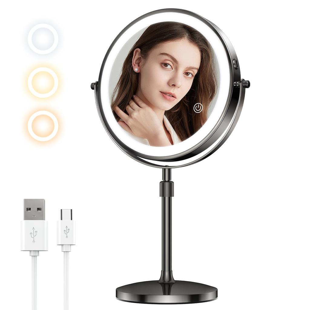 MILPROX Makeup Mirror with Height Magnifying Tabletop USB 2000mAh High 1x and 10x Adjustable Color Touch Makeup Power Off Stand Mirror 8-inch Light,