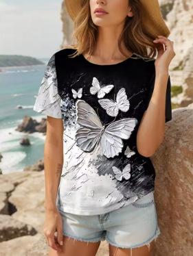Summer Fashion Women s T-Shirt Beautiful Butterfly Fashion, Printed Flower Casual Short Sleeve Crew Neck T-Shirt XXS