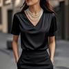 Damen T-Shirt Einfarbige Lockere Passform Glattes Satin V-Ausschnitt Kurzarm Oberteile Sommer Lässiges T-Shirt Tägliche Kleidung