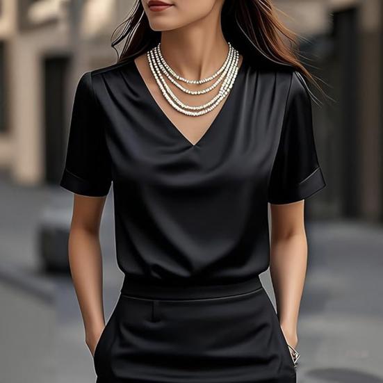 Damen T-Shirt Einfarbige Lockere Passform Glattes Satin V-Ausschnitt Kurzarm Oberteile Sommer Lässiges T-Shirt Tägliche Kleidung